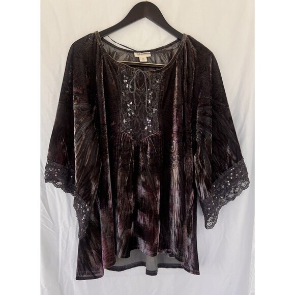 Style & Co Velvet Burnout Top 1X Crushed Lace Flare Sleeve Fairy Grunge Whimsy - Picture 1 of 10